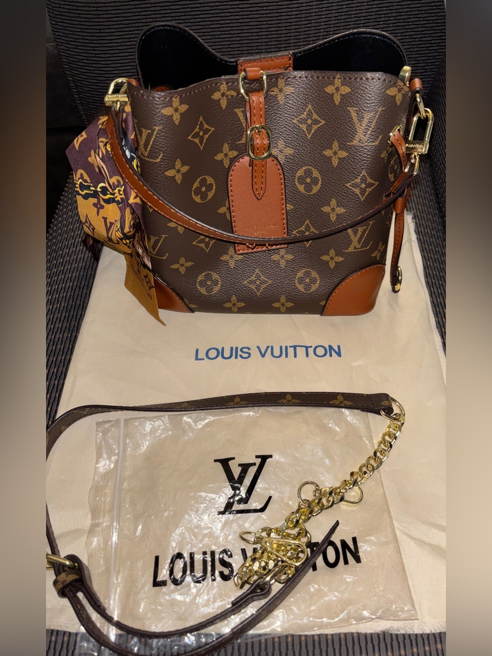 Louis Vuitton Brown Monogram Shoulder Bag with Tan Leather Trim